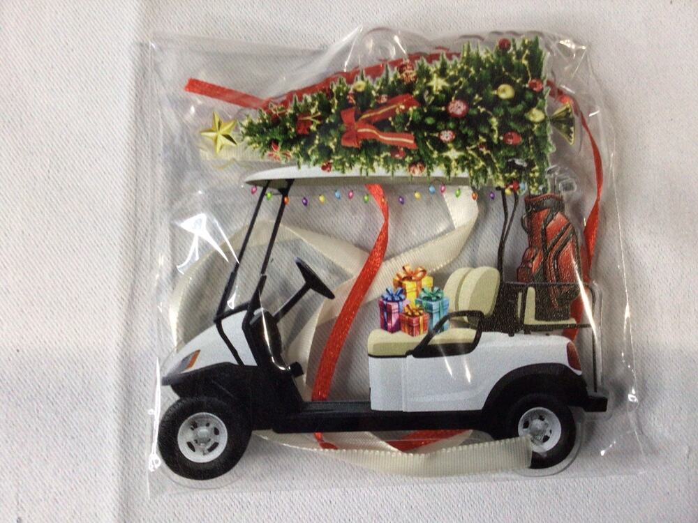 Christmas Golf Cart Carrying Christmas Tree Holiday Ornament White Decor